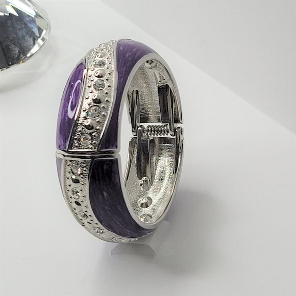 PURPLE Enamel Wide Hinged Cuff Bangle Crystal Rhinestone Bracelet - Picture 3 of 9
